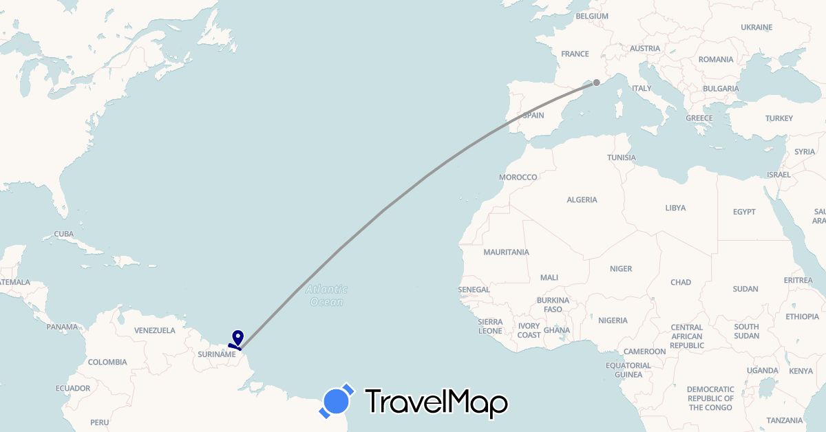 TravelMap itinerary: driving, plane in France, French Guiana (Europe, South America)